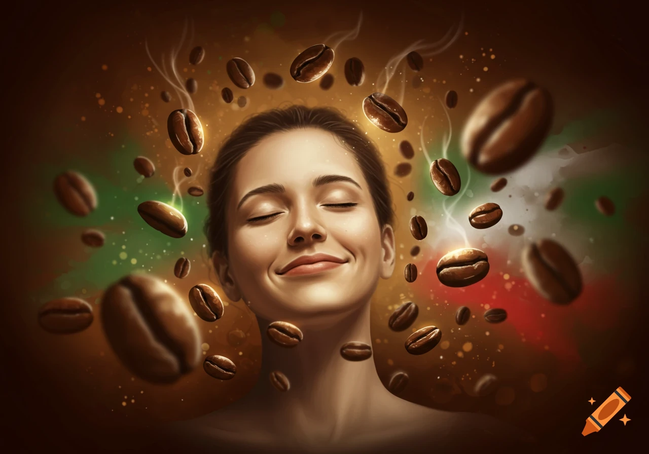 A woman with her eyes closed, smiling, surrounded by floating coffee beans, against a warm, dreamy background.