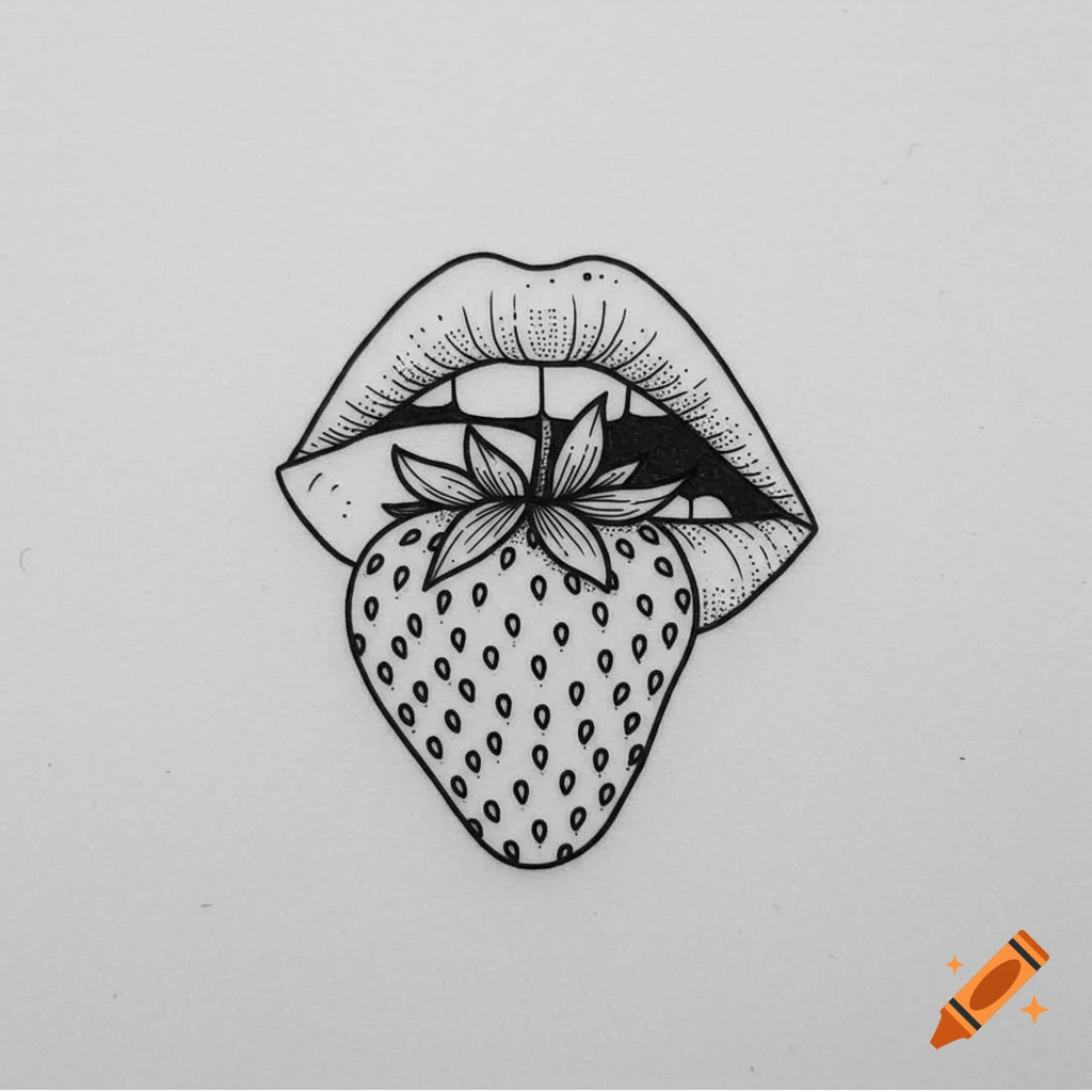 Minimalist black and white line drawing of a pair of lips holding a strawberry.