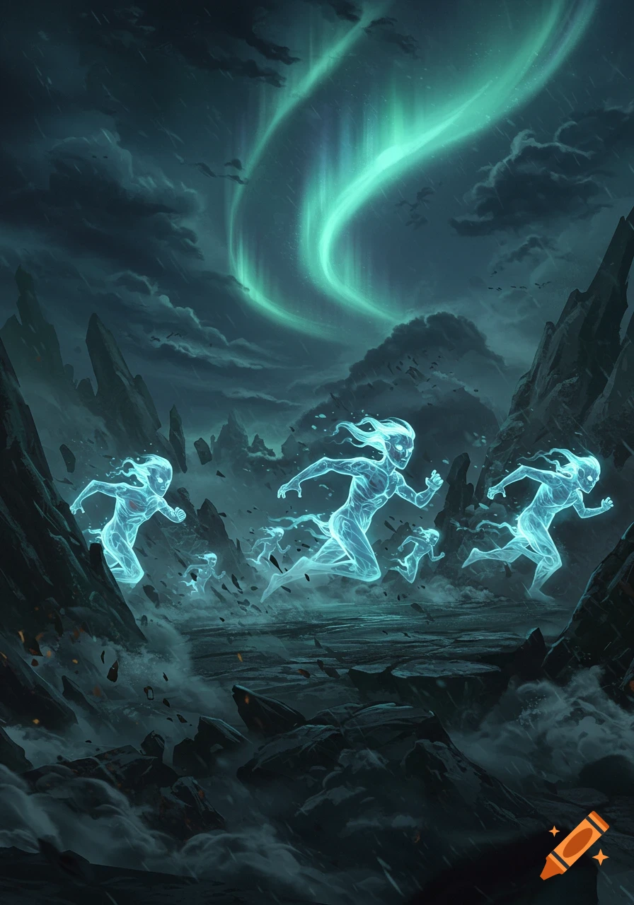 Glowing ethereal figures run through a dark, rocky landscape under a vibrant green aurora borealis in a digital illustration.