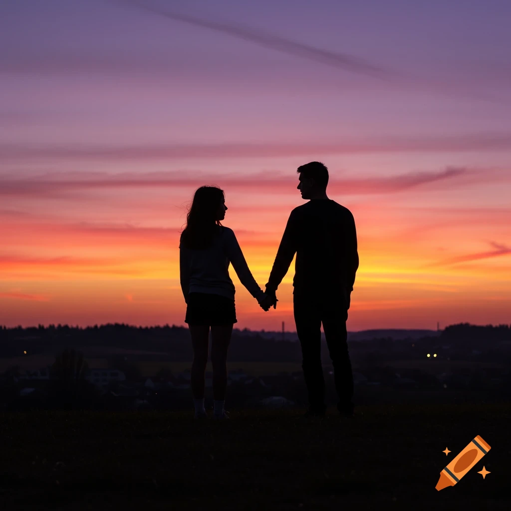 Silhouette of a man and woman holding hands on a hill against a vibrant sunset sky.