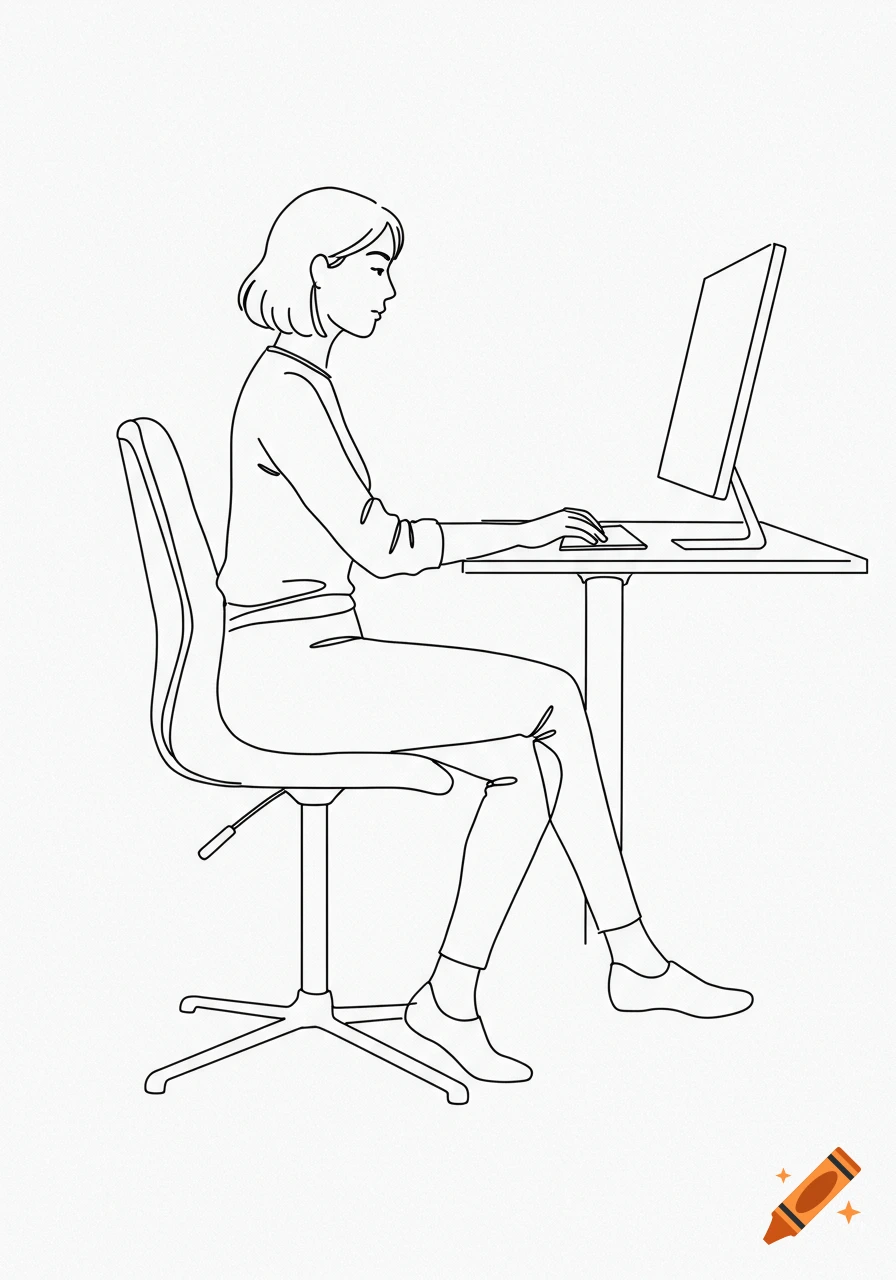 Line drawing of a woman with short hair sitting at a desk, working on a computer.