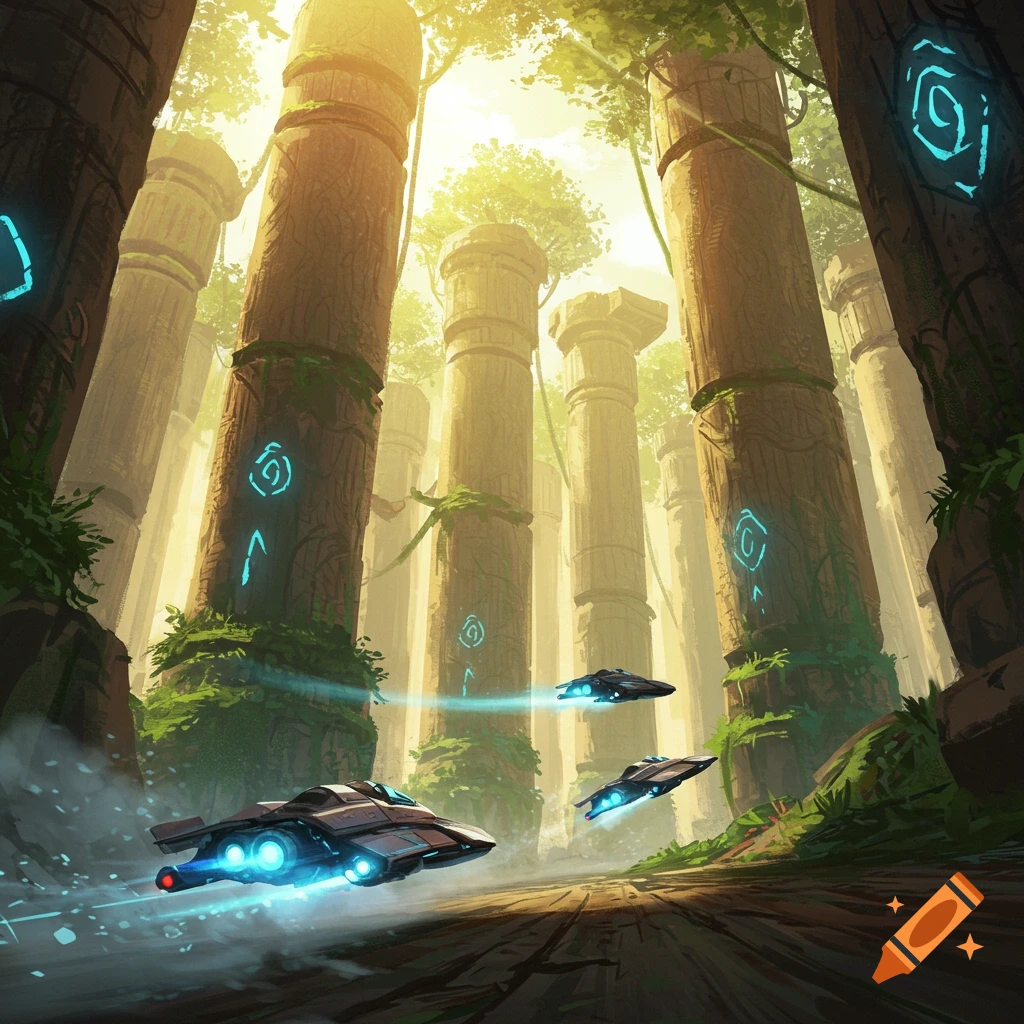 Futuristic hovercrafts speed through a sunlit, ancient forest with colossal moss-covered pillars adorned with glowing blue symbols, digital art.