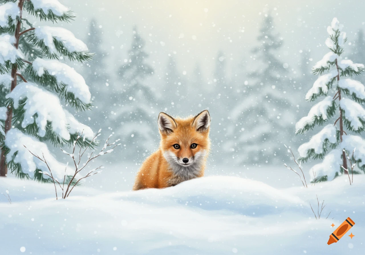 A cute baby fox peeks over a snowdrift in a snowy forest with falling snowflakes, in a painted style.