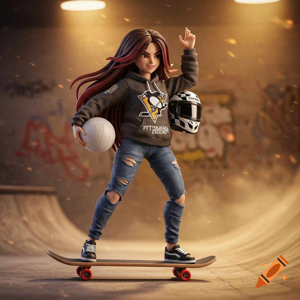 A stylized action figure of a girl with long brown hair and red streaks, wearing a grey Pittsburgh Penguins hoodie, ripped jeans, and sneakers. She stands on a skateboard in a skatepark, holding a volleyball and a motorcycle helmet.