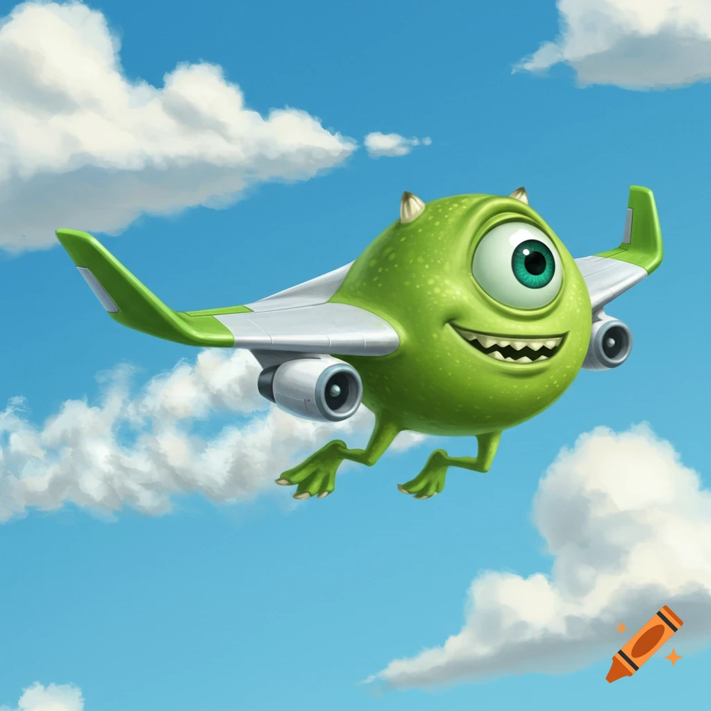 Mike Wazowski with airplane wings and engines flying through a blue sky with clouds in a cartoon style.