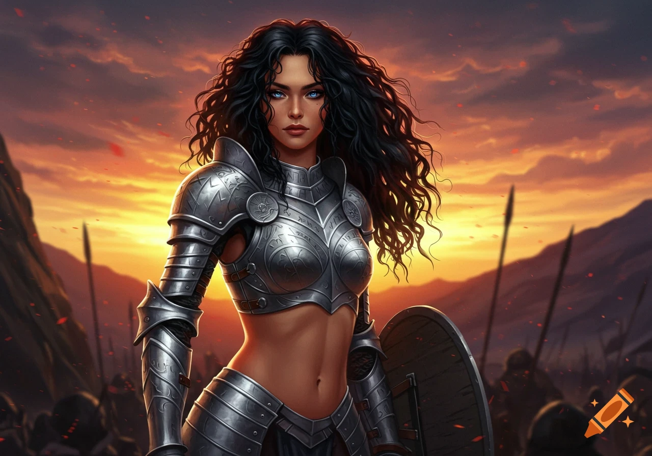 A warrior woman with long black curly hair, blue eyes, and tanned skin stands in silver armor with an exposed midriff, holding a shield, on a battlefield at sunset.