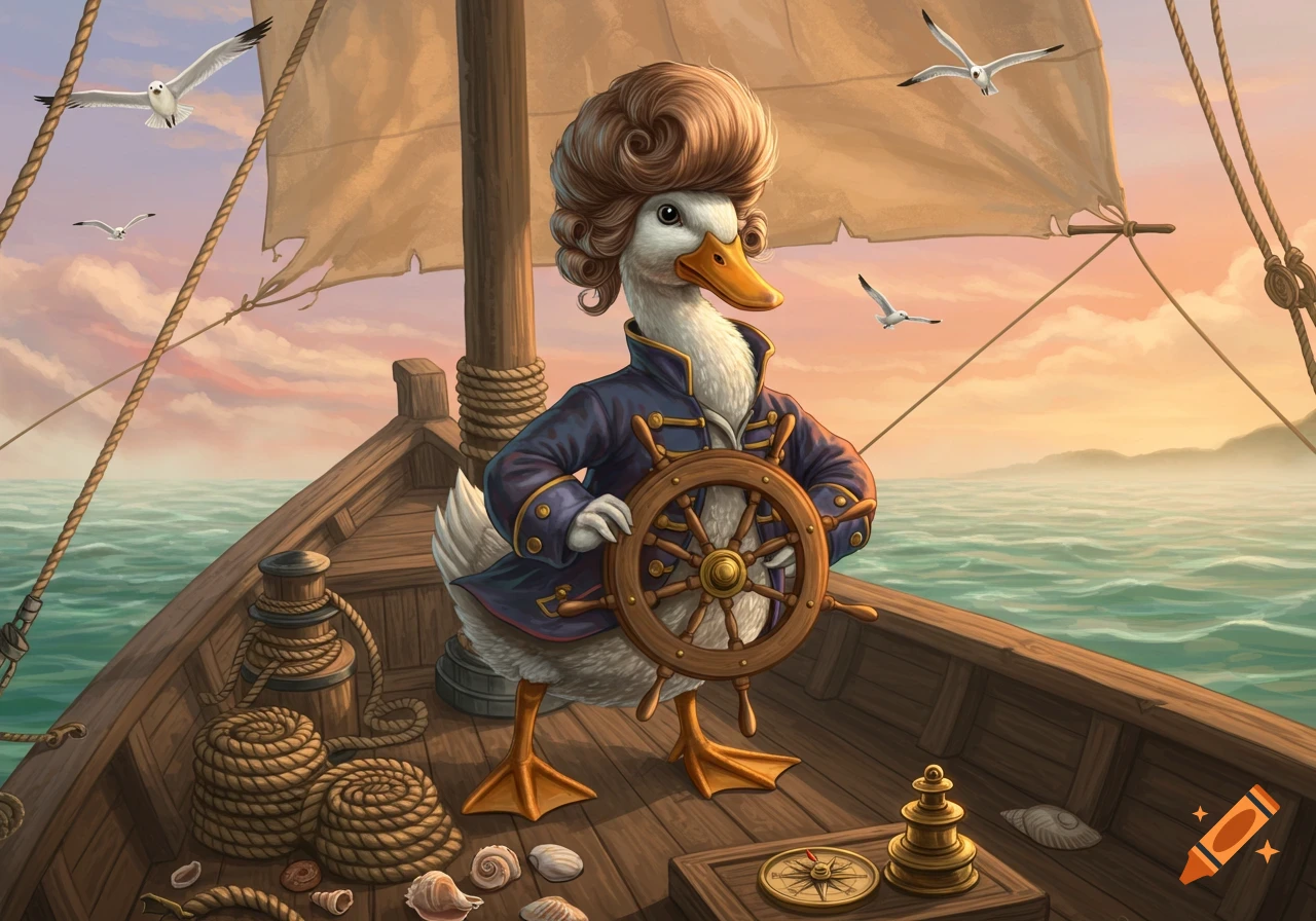 A whimsical illustration of a duck mariner with a tall wig standing at the helm of a wooden boat at sunset with seagulls flying.