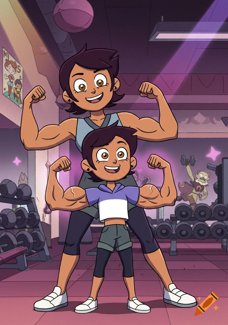 Luz and her mom, in a cartoon style, flex their exaggerated muscles at a gym.
