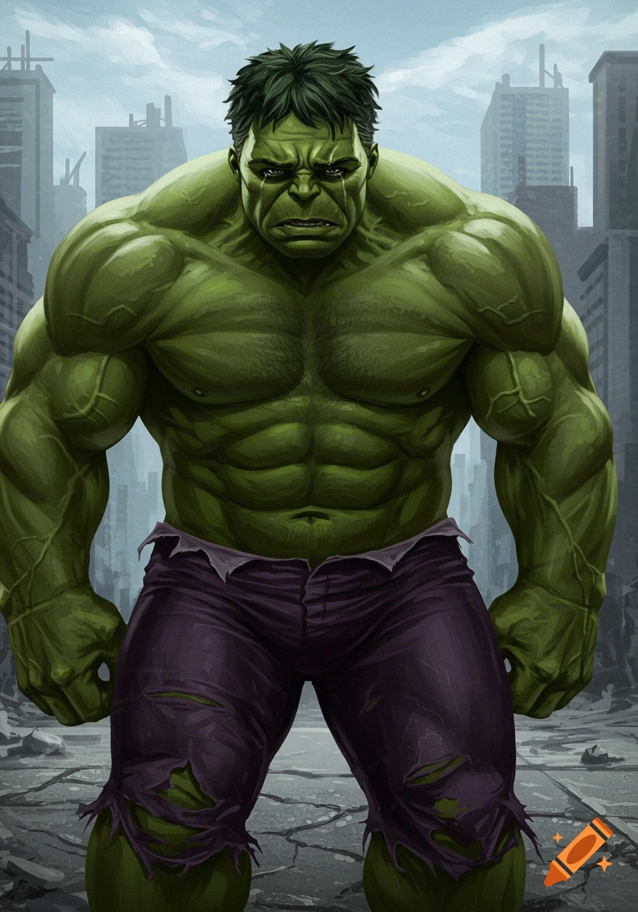 Full body illustration of the sad Hulk crying in a ruined city.