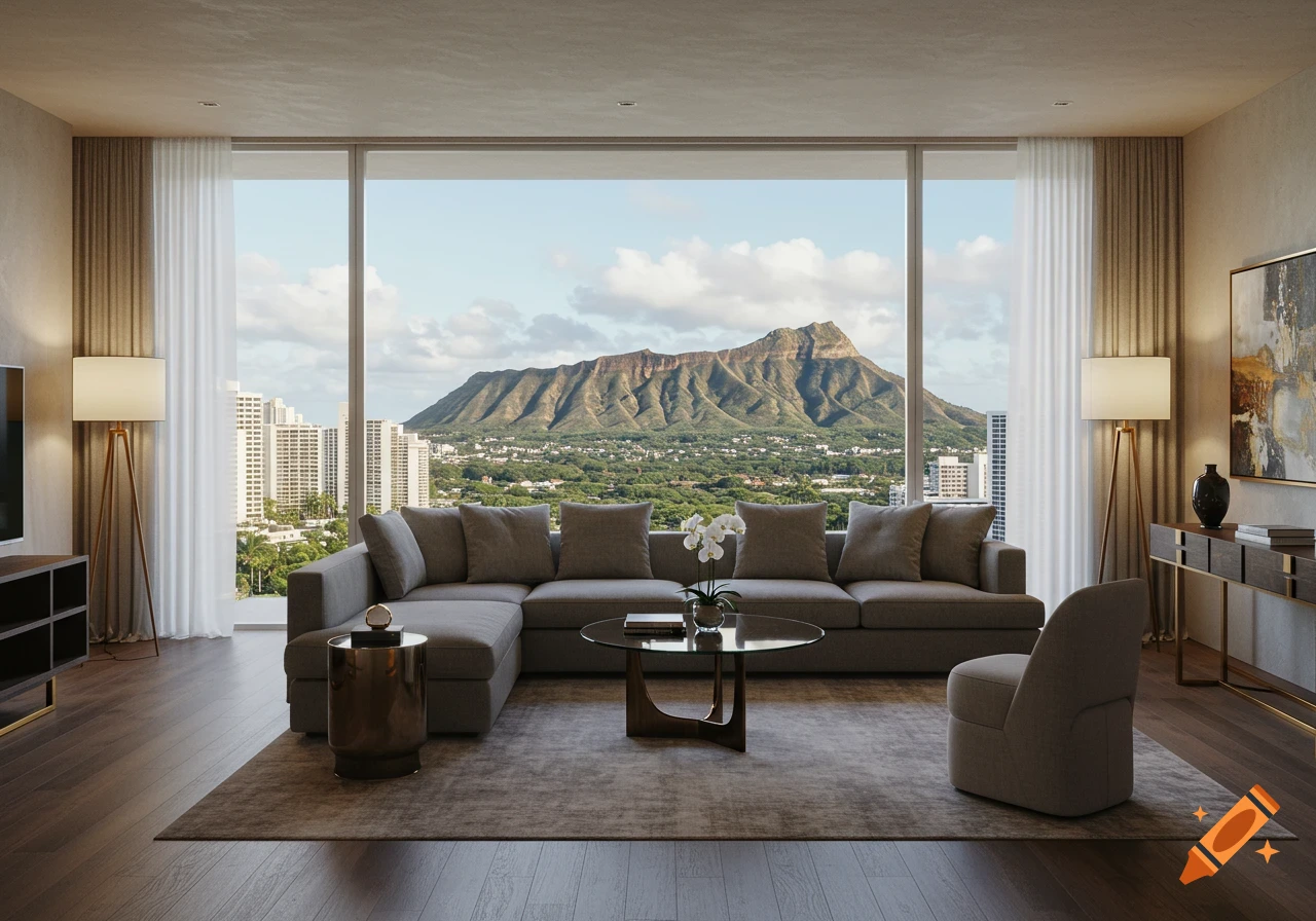 A modern living room with a large gray sectional sofa, coffee table, and lamps, featuring ceiling-to-floor windows overlooking Diamond Head and a city skyline.