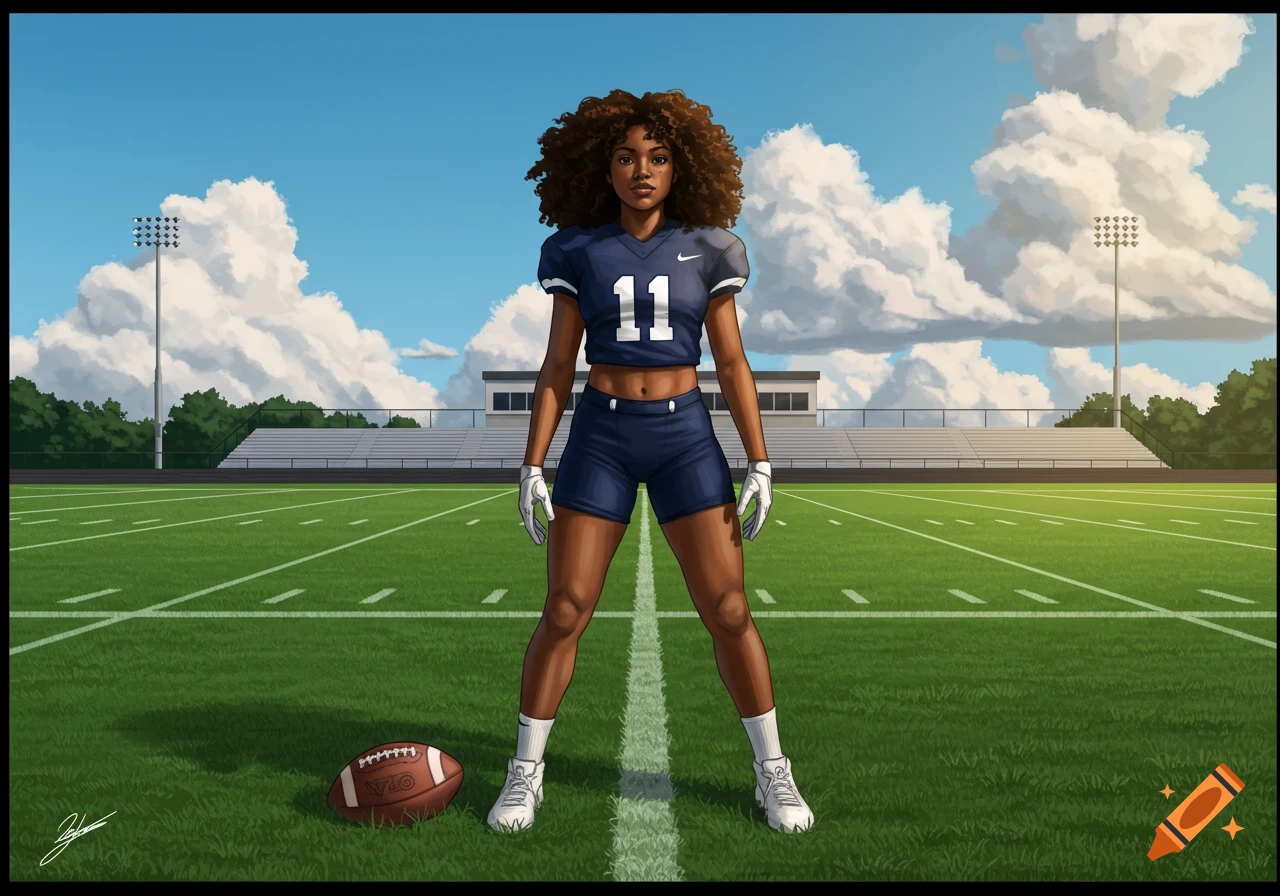 A black girl in a navy blue football jersey with the number 11 and shorts stands on a football field with a football.