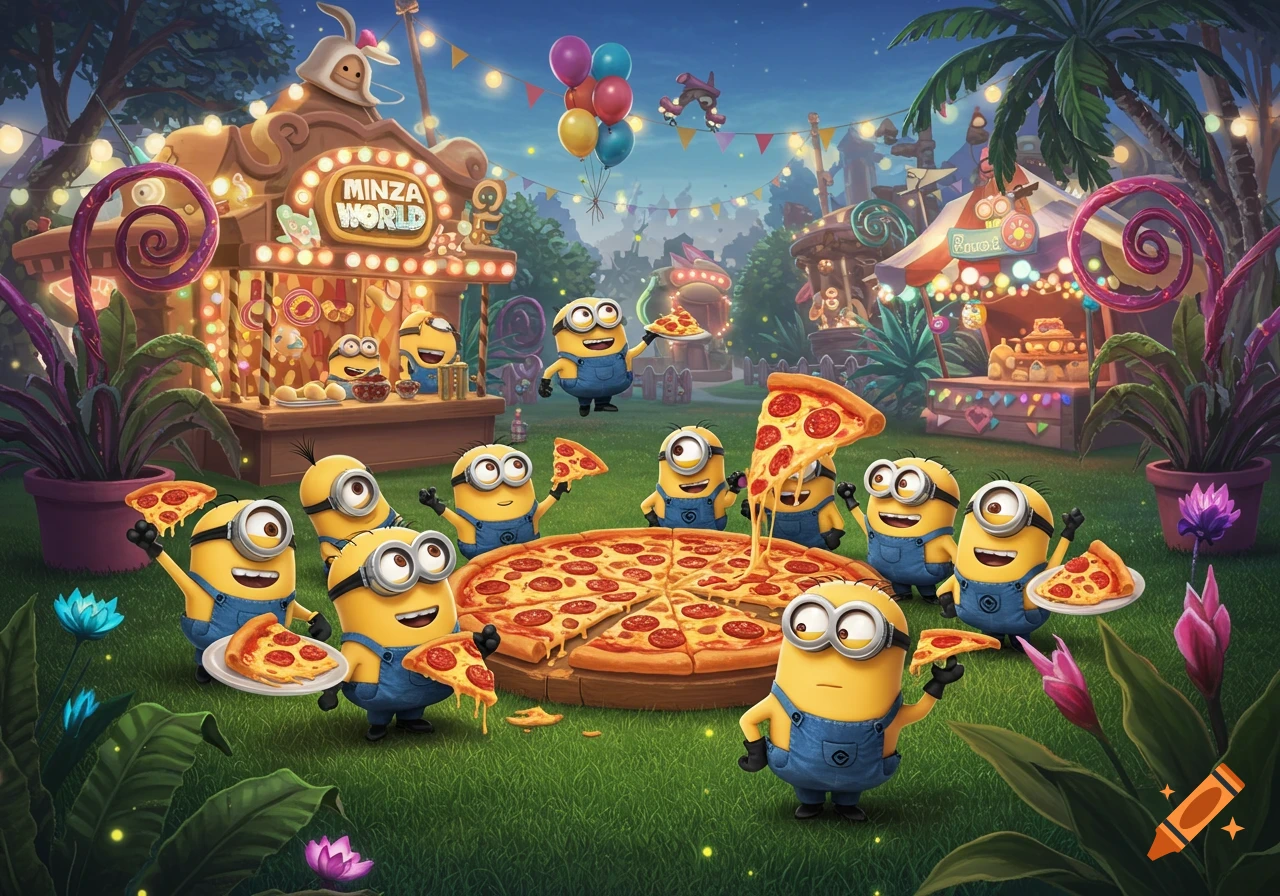 Minions enjoy a pizza party at a vibrant carnival with rides and food stalls.