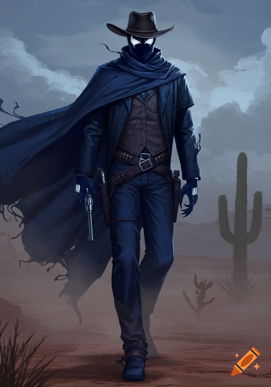 A dark blue symbiote gunslinger in a cowboy hat and cape walks through a desert landscape.