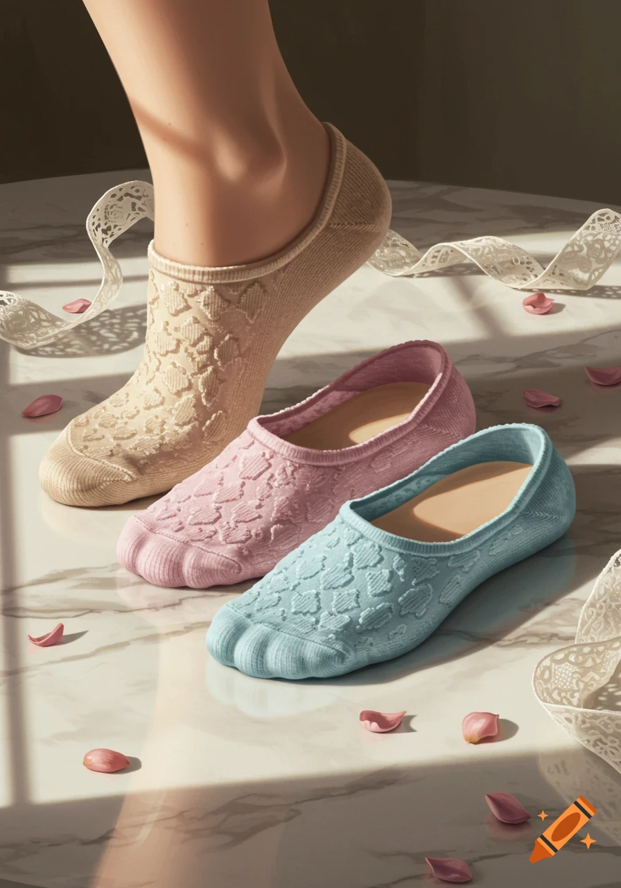 A foot wearing a beige no-show sock stands next to pink and blue no-show socks on a marble floor with lace ribbons and rose petals in photorealistic style.