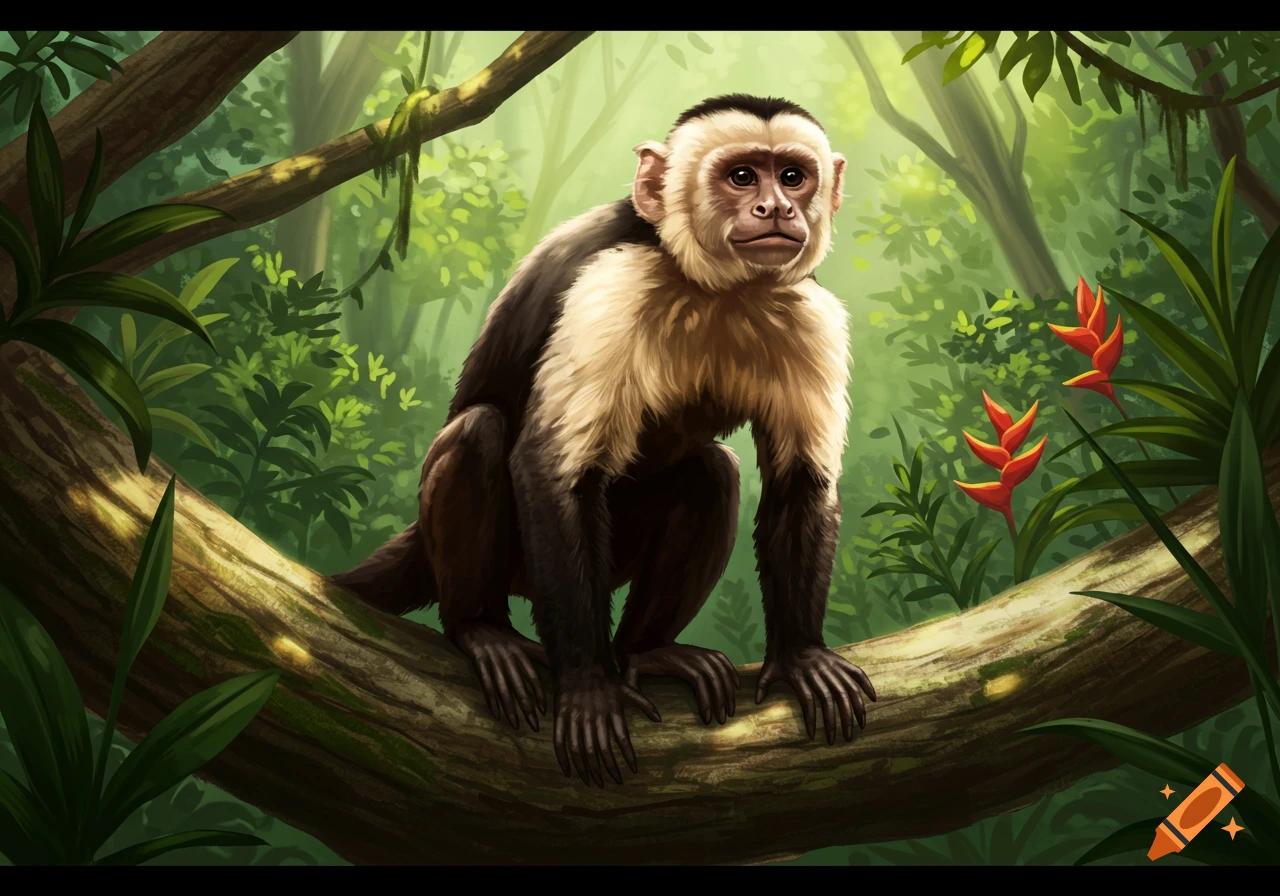 A capuchin monkey sits on a thick tree branch in a vibrant green jungle, with red bird of paradise flowers nearby. Digital art.