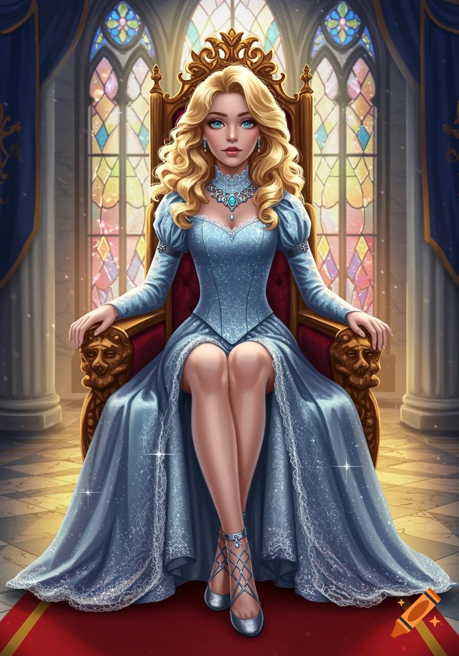 A blonde princess in a blue dress sits on a golden throne in a grand hall with stained glass windows. Digital illustration.