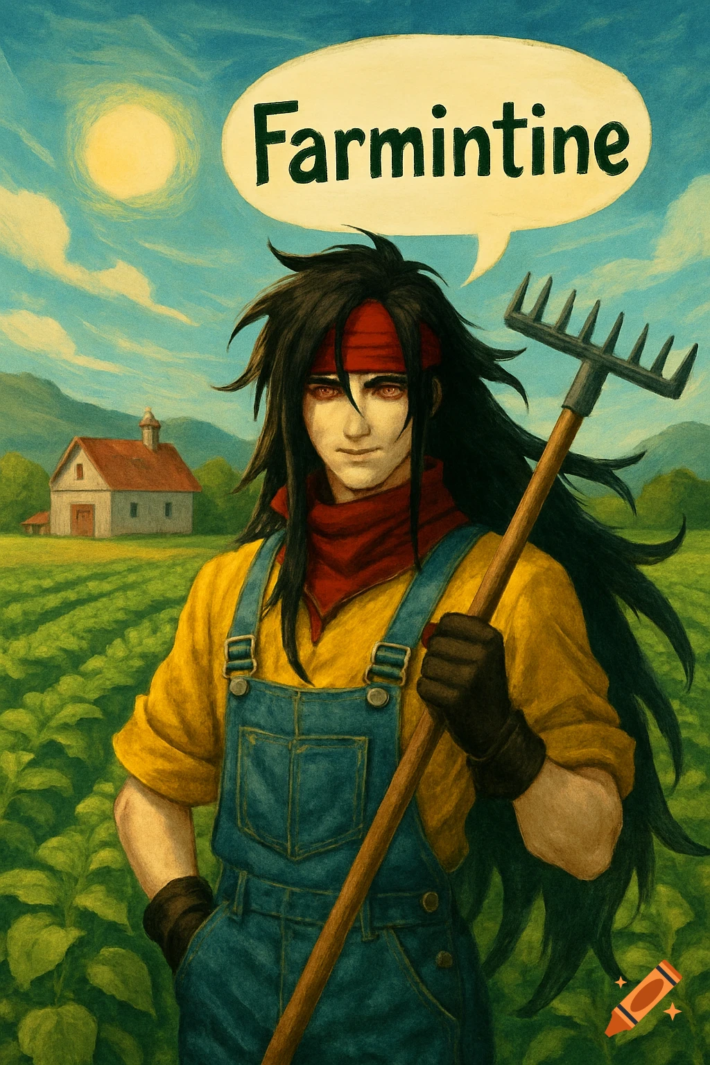 An anime-style man in overalls with black hair and red eyes holds a rake on a farm with a speech bubble saying 'Farmintine'.