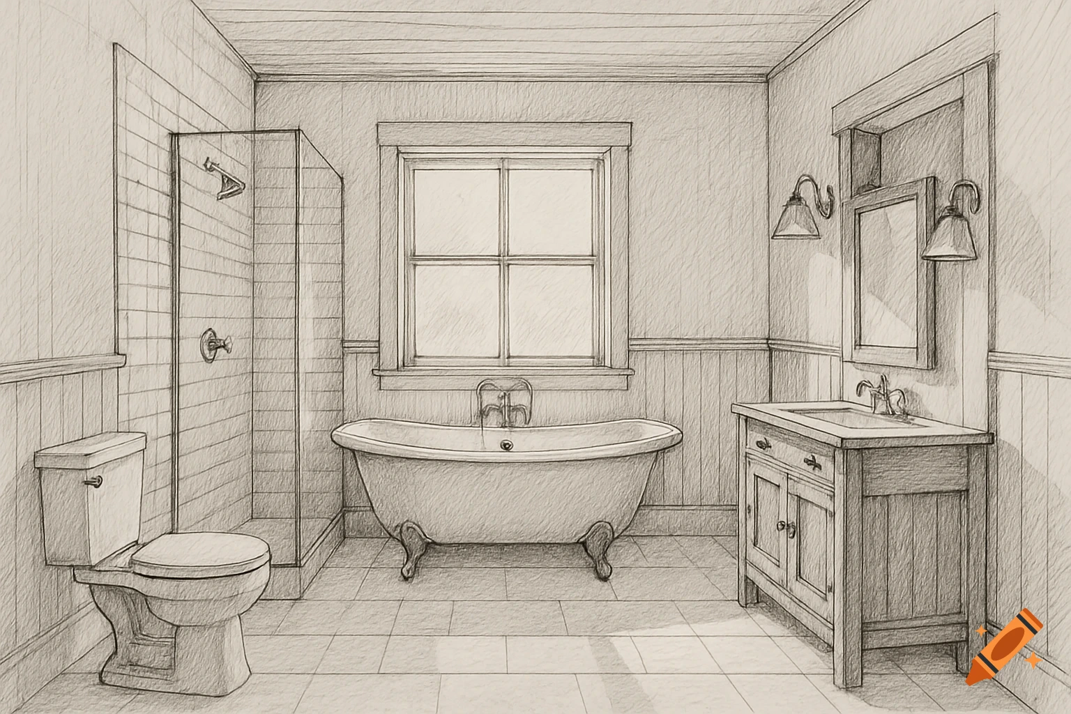 A hand-drawn black and white sketch of a farmhouse-style bathroom with a clawfoot tub, vanity, toilet, and shower.