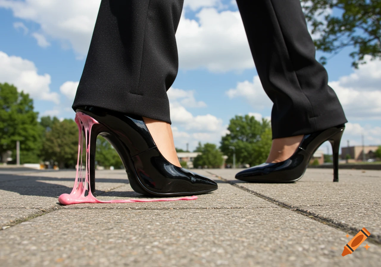A low angle view of a person in black pants and a black high heel stuck in pink chewing gum on a sidewalk.