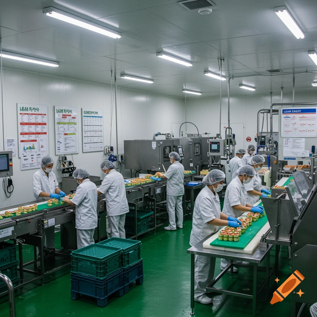 Workers in white suits and hairnets meticulously assemble food items on a conveyor belt in a brightly lit, clean factory.