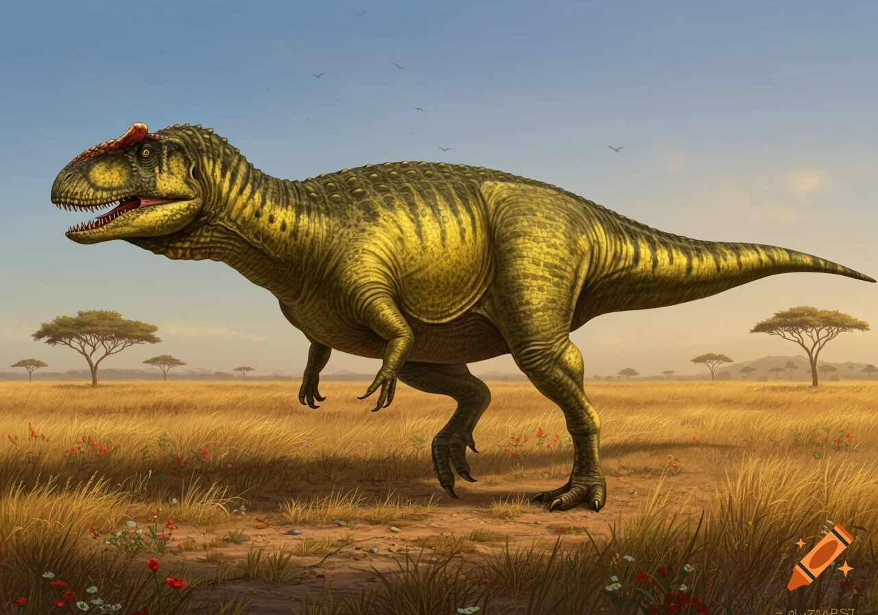A yellow-green Acrocanthosaurus dinosaur walks across a sunny grassy plain with scattered trees.