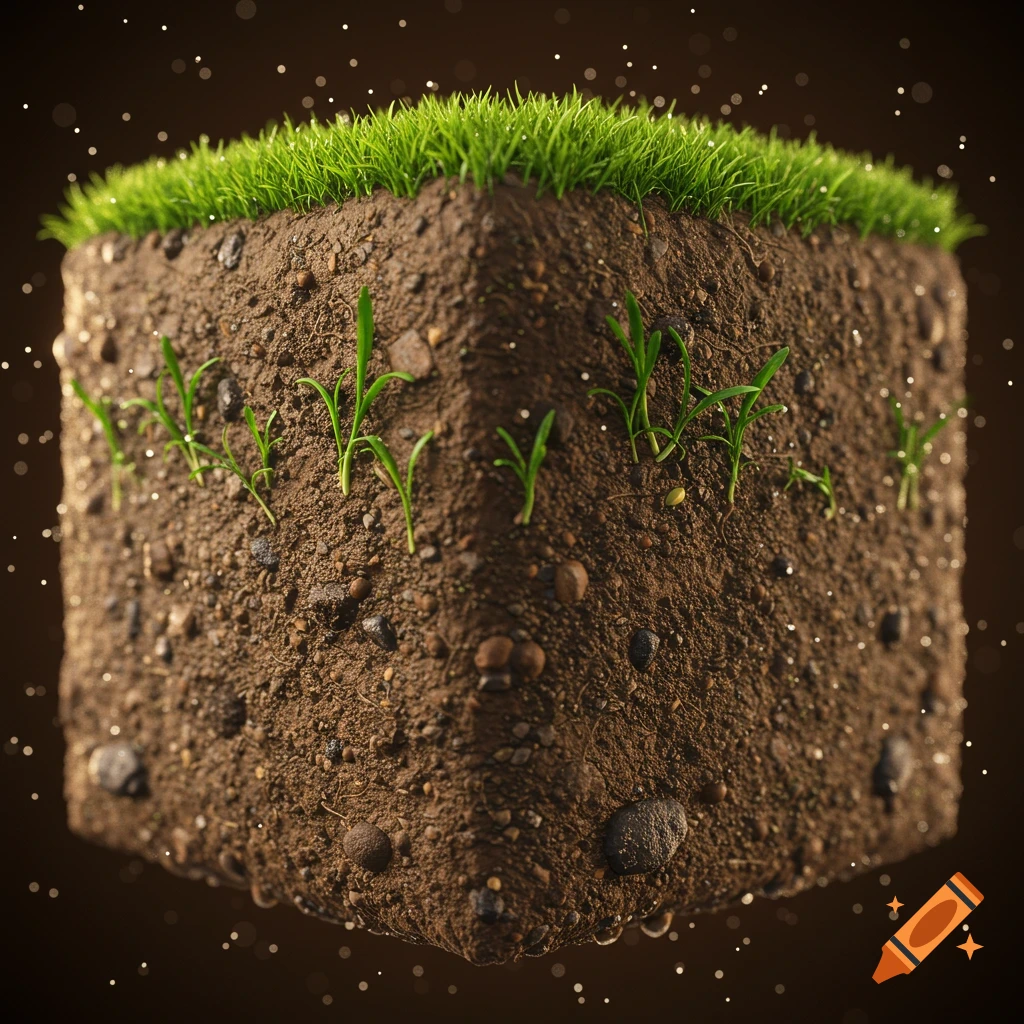 A photorealistic floating cube of rich brown soil with vibrant green grass on top and small sprouts on its sides, against a dark background.