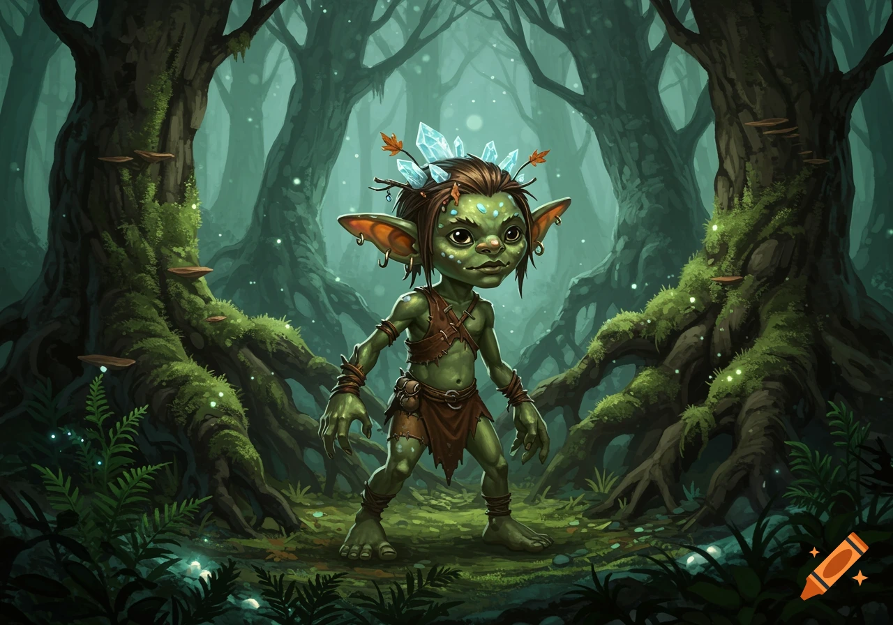 A small, green-skinned goblin-like creature with large ears and crystals on its head stands in a mossy, mystical forest.