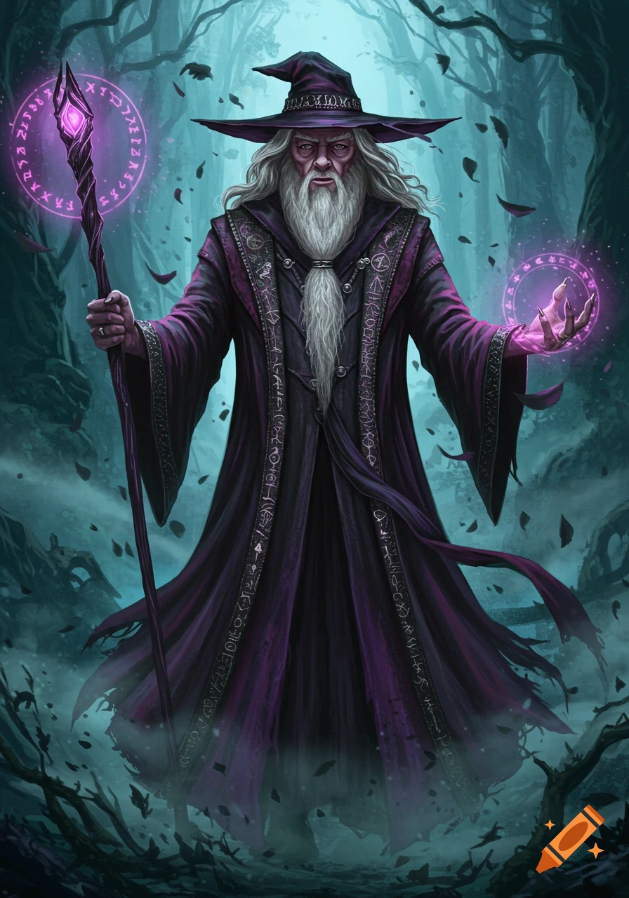 A grim wizard with a long white beard and purple robes casting a spell with a glowing staff in a mystical forest.