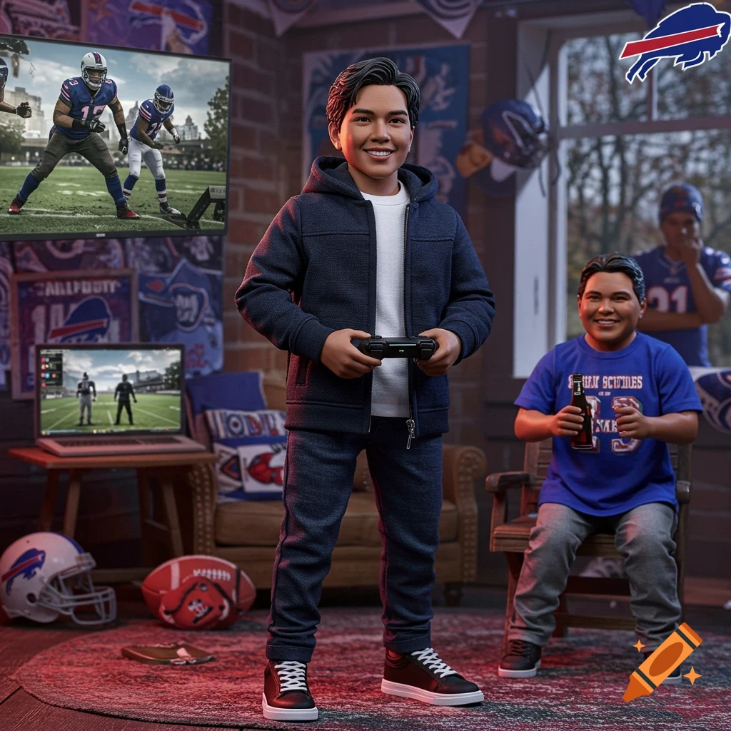 Two action figures, one standing with a controller and one seated with a bottle, in a room with a TV showing a football game and Buffalo Bills decor.