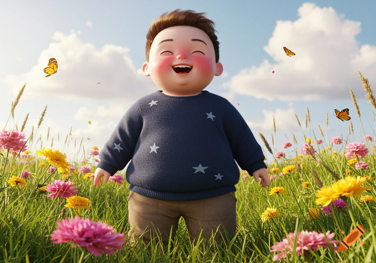 A joyful, chubby cartoon boy with rosy cheeks stands in a vibrant field of colorful flowers with butterflies under a blue sky.