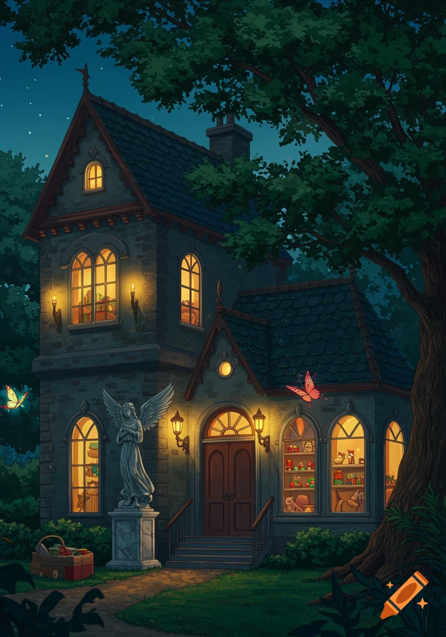 A whimsical, illustrated stone house at night, lit by warm windows and lanterns, with an angel statue, butterflies, and a visible playroom inside.