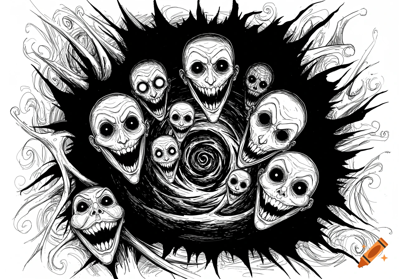 Black and white line drawing of multiple creepy, smiling faces emerging from a dark, swirling void, in a horror comic book style.