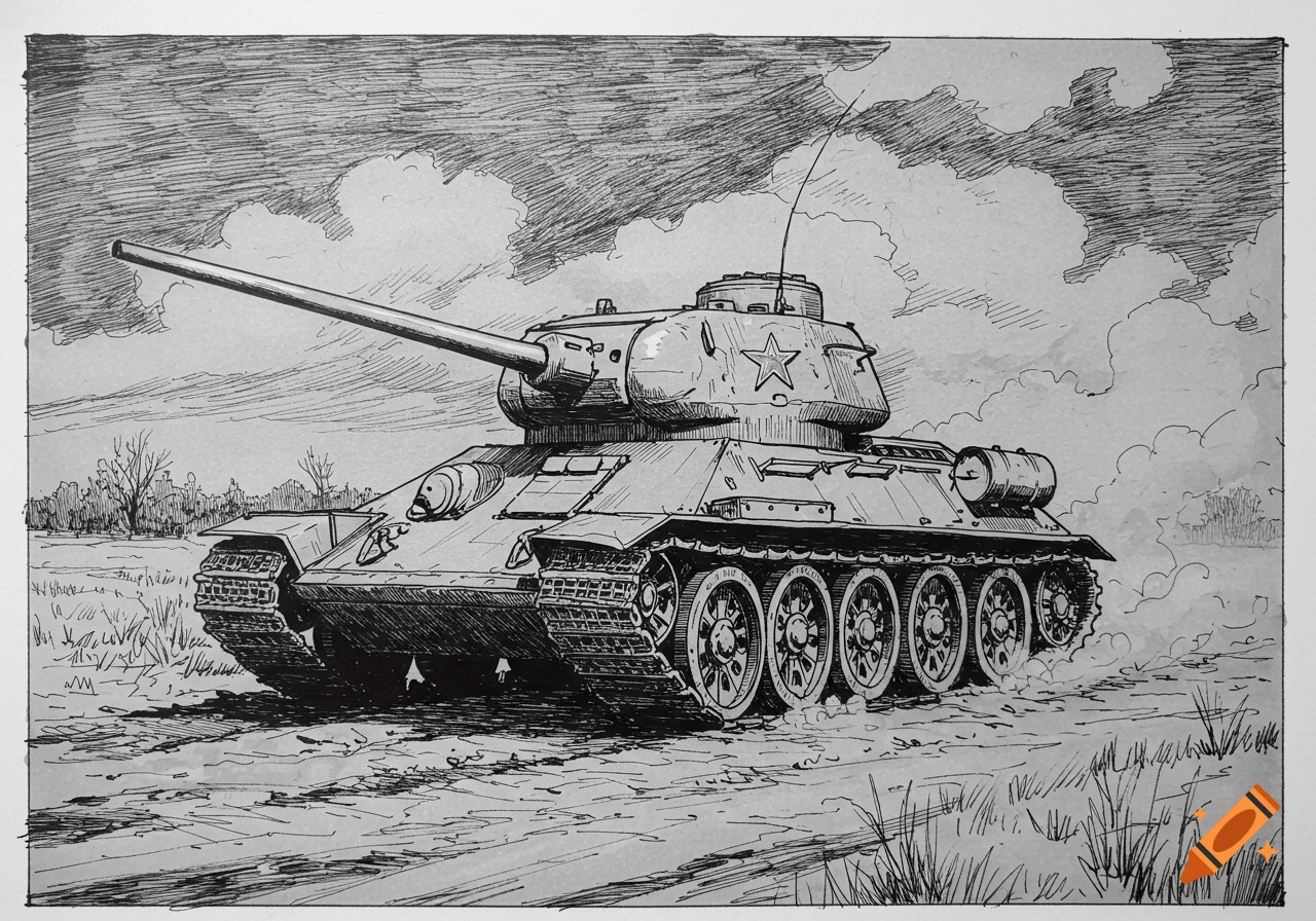 A detailed black and white pen drawing of a Russian T-34 tank on a dirt path with grassy patches, under a cloudy sky.