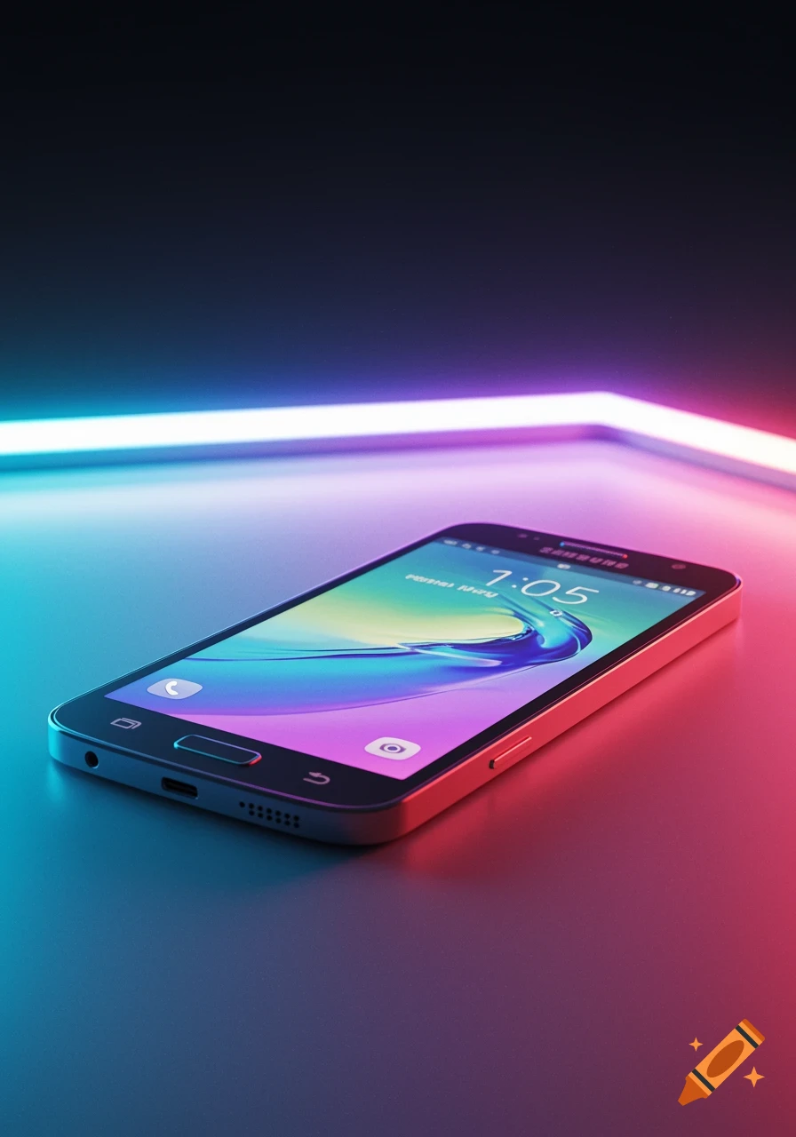 A Samsung smartphone lying on a surface, illuminated by vibrant blue and pink neon lights.