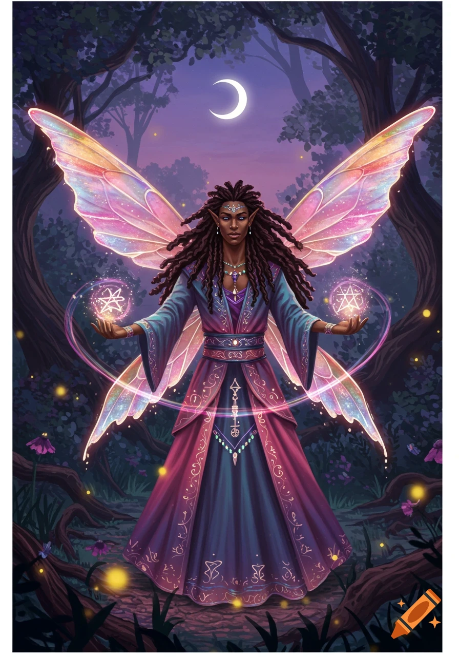 African American fairy wizard with dreadlocks and iridescent wings, conjuring magic in a moonlit forest.