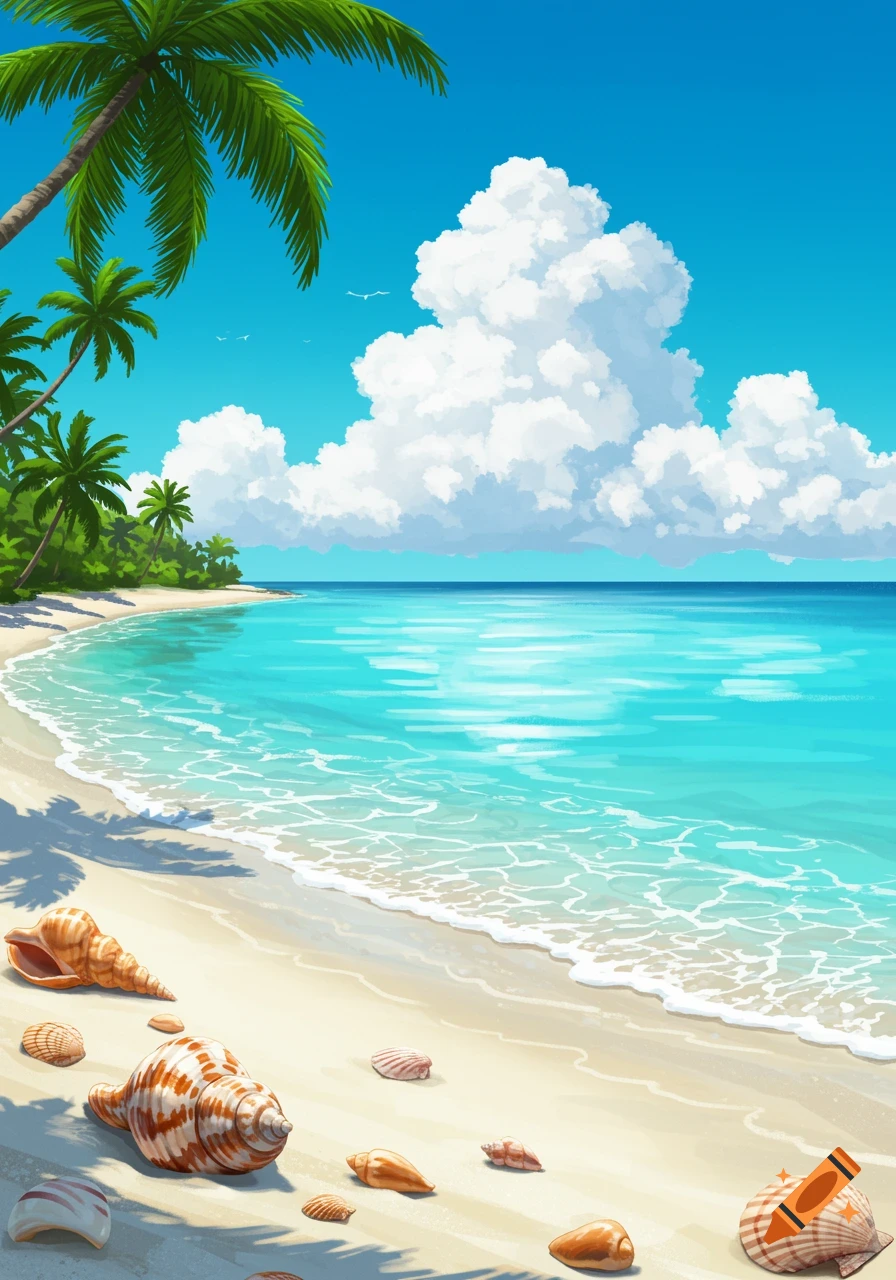 Vibrant cartoon illustration of a tropical beach with clear turquoise water, palm trees, and seashells on the sandy shore under a blue sky.