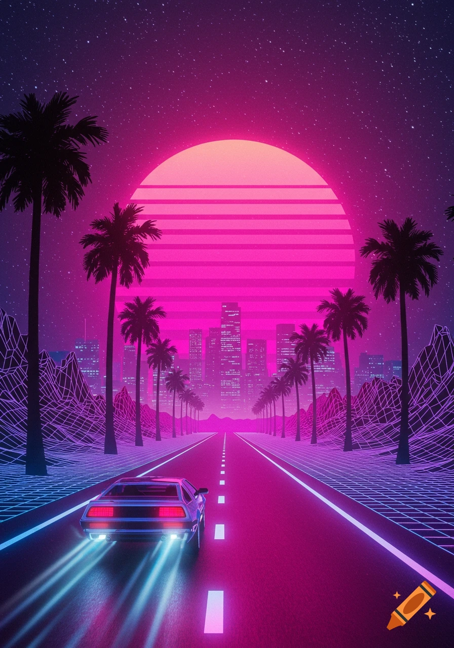 Retro synthwave landscape with a car driving on a road towards a pink sunset over a city skyline and palm trees.