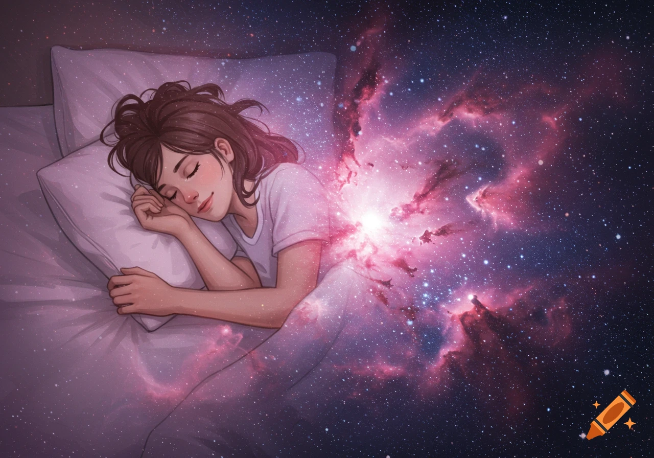 A young woman sleeps peacefully in bed, her form blending into a vibrant, swirling galaxy.