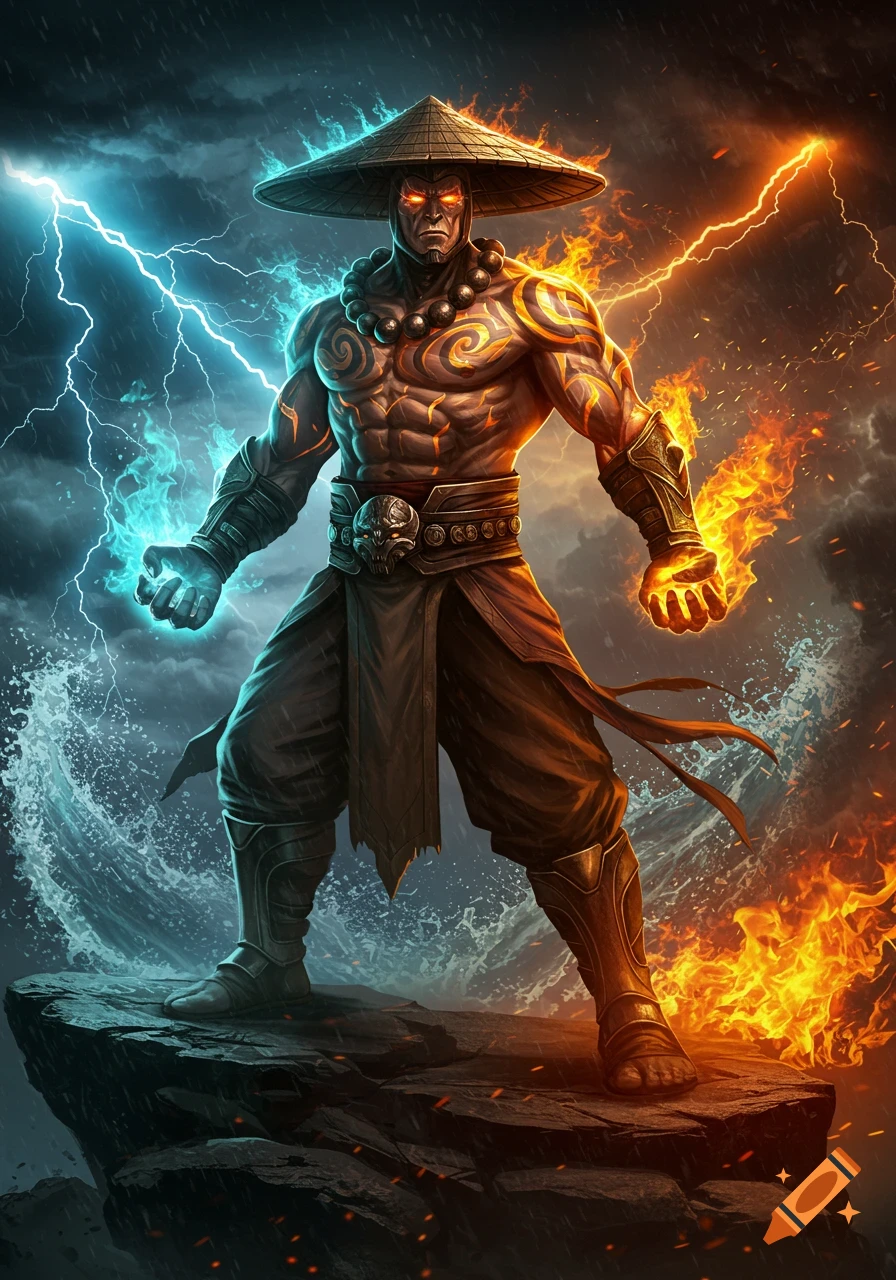 A muscular fantasy monk with glowing eyes and a straw hat stands on a rock, wielding blue lightning and orange fire amidst a storm.