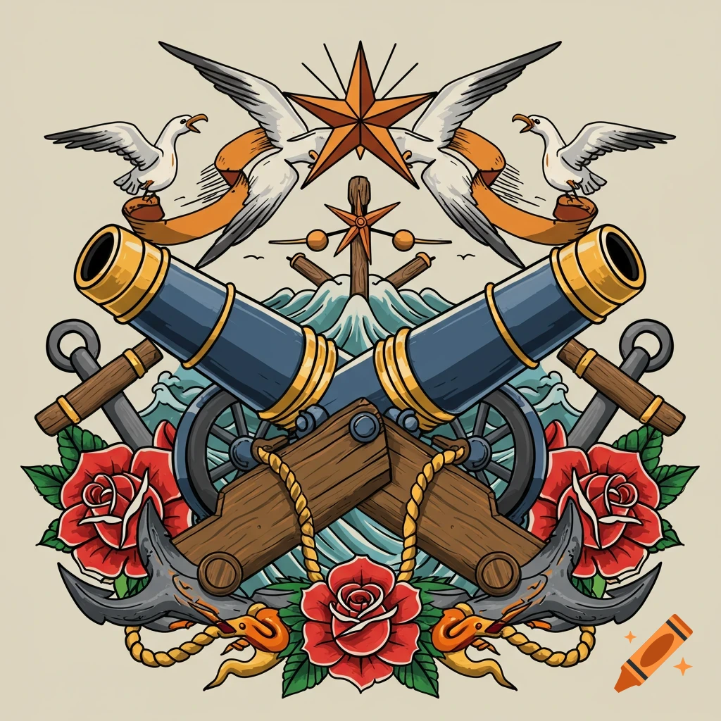American traditional tattoo illustration of crossed blue and gold naval cannons, anchors, red roses, and seagulls.