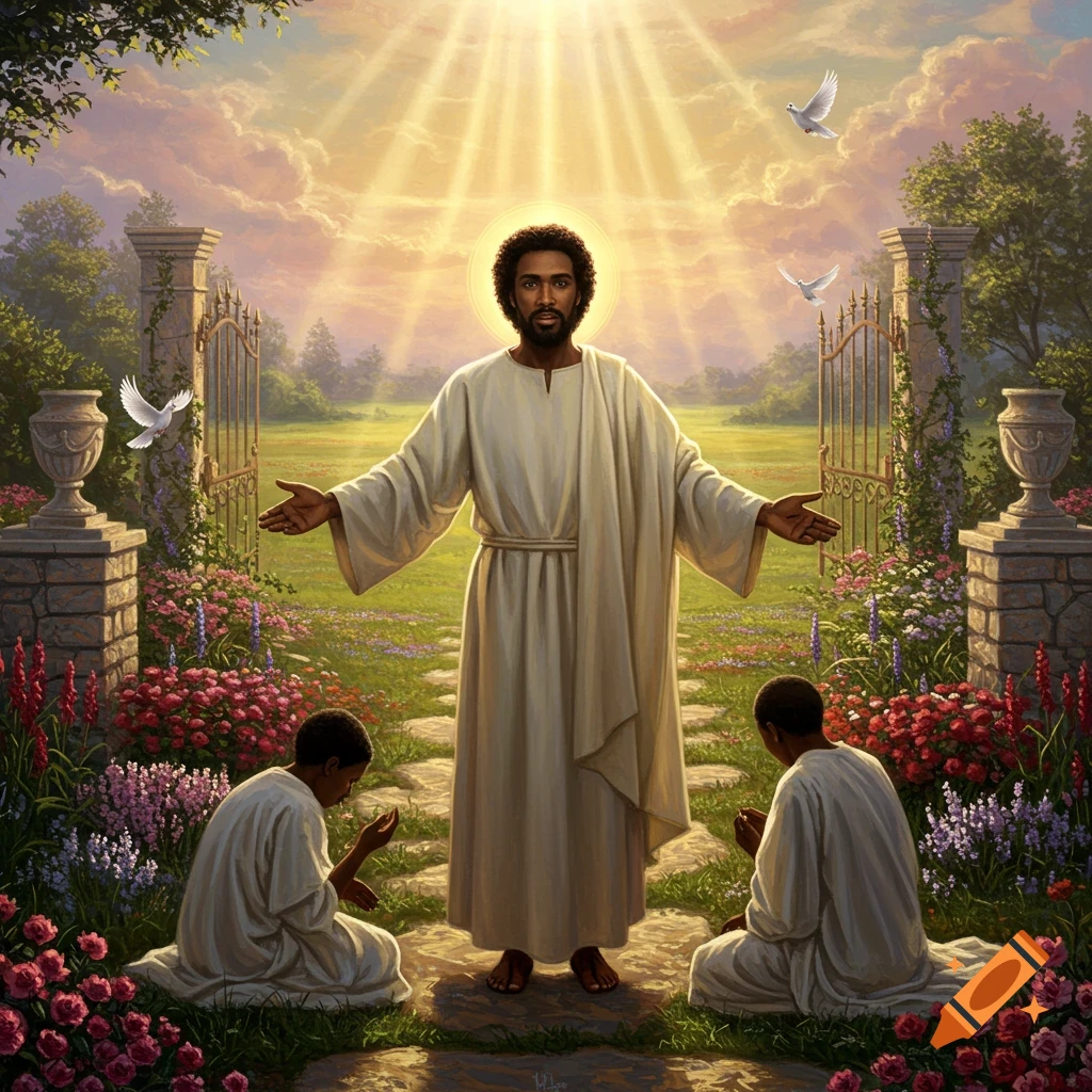 A Black Jesus figure with a halo welcomes two kneeling people at the gates of heaven, with doves and bright light.