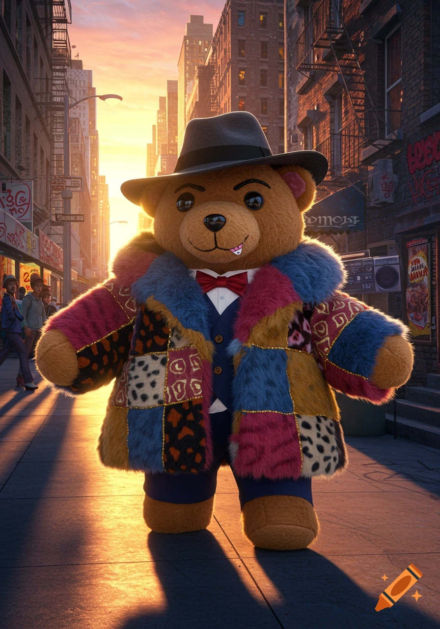 A dapper teddy bear plush doll wearing a colorful patchwork fur coat and fedora walks down a city street at sunset.