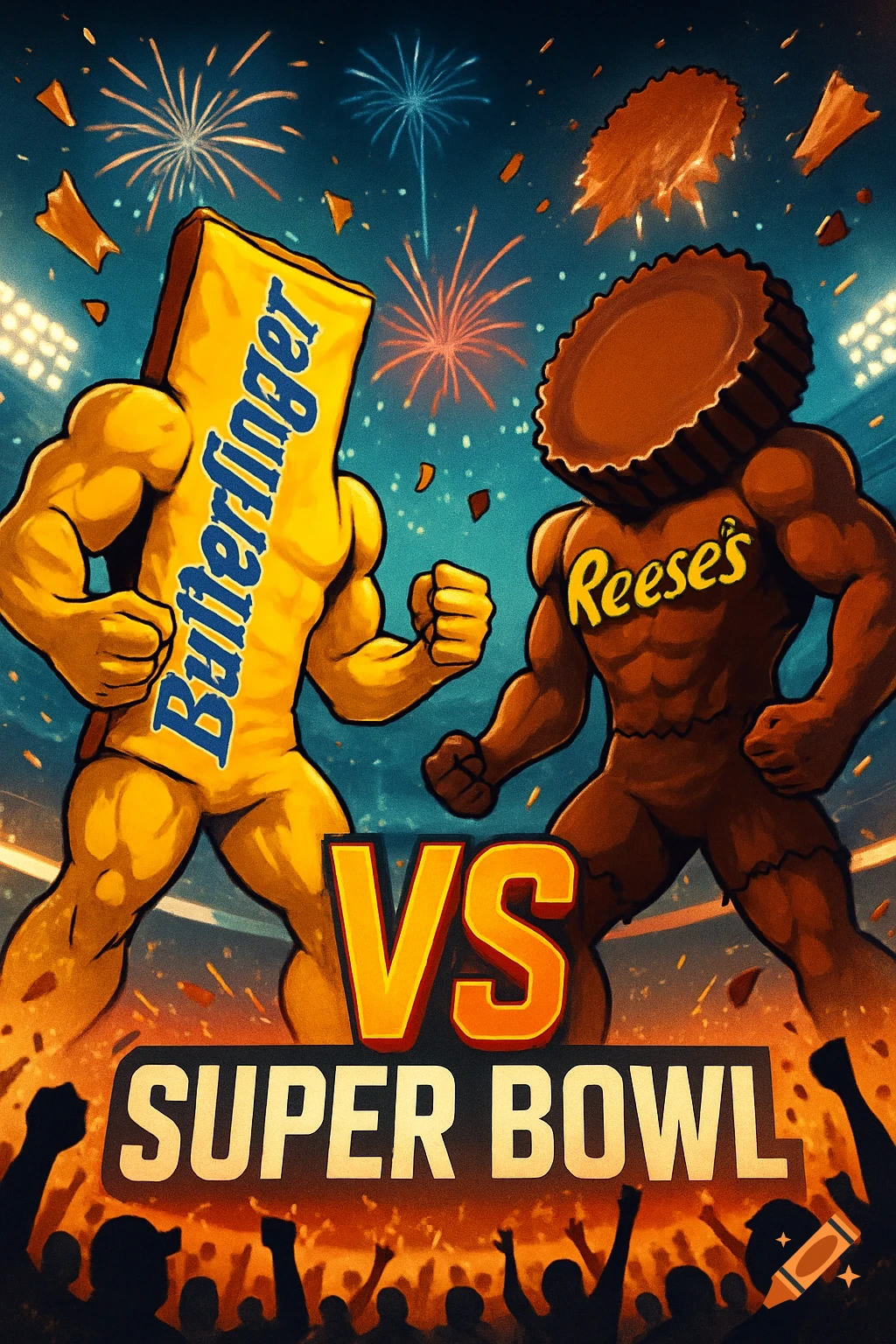 A cartoon poster showing muscular Butterfinger and Reese's Peanut Butter Cup characters facing off in a Super Bowl stadium with fireworks.