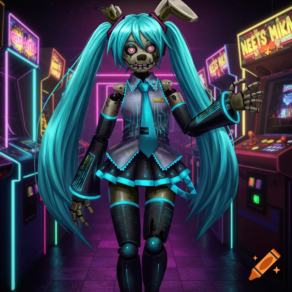 An animatronic character, a fusion of Springtrap and Hatsune Miku, with turquoise pigtails and a skeletal face, stands in a neon-lit arcade.