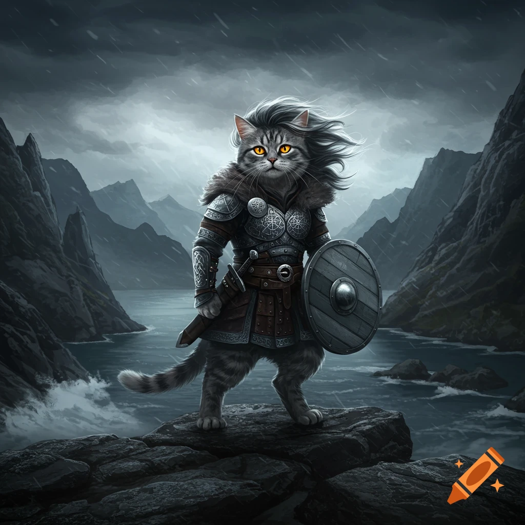 A cat in Viking armor holding a shield and sword stands on a rock by a lake with mountains under a stormy sky.
