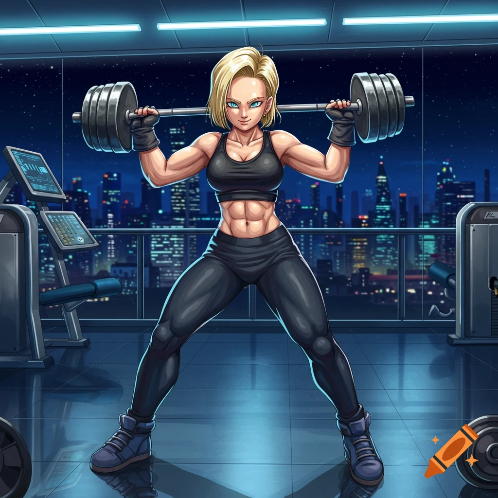 Anime character Android 18 with blonde hair and blue eyes lifts a barbell in a gym, with a night city skyline in the background.