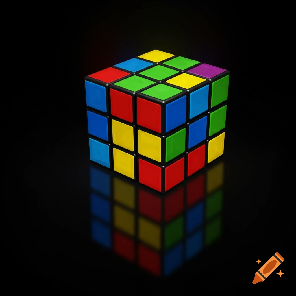 A vibrant, colorful Rubik's cube sits on a dark surface, casting a reflection below it.