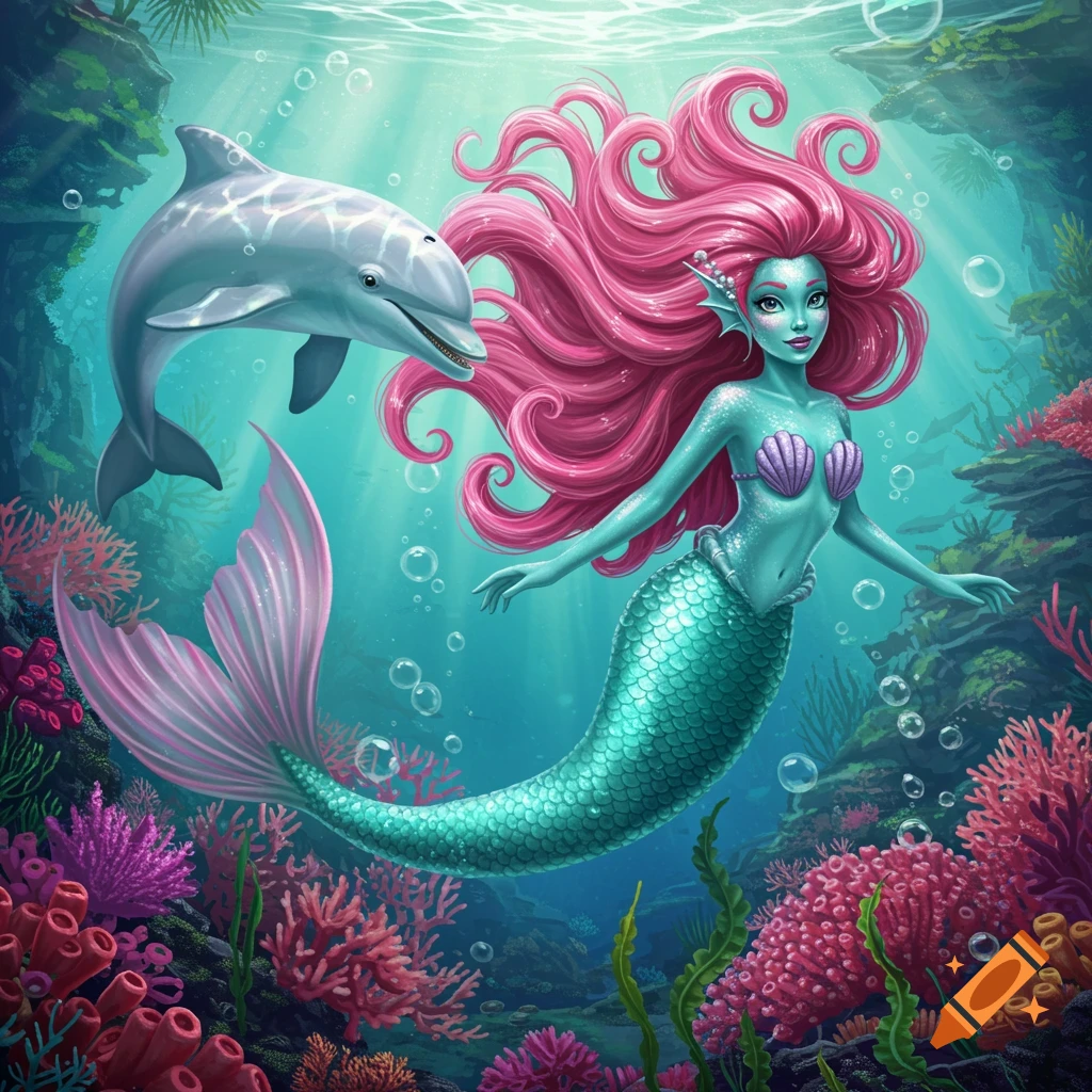 A vibrant mermaid with flowing pink hair and turquoise skin swims underwater with a cheerful dolphin companion among colorful coral reefs.