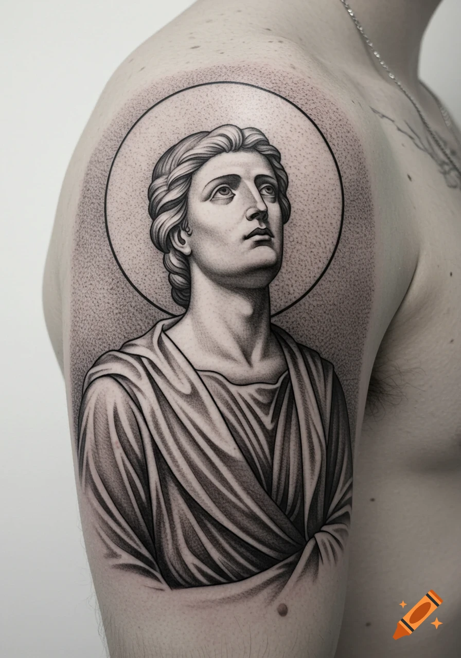 A black and white realism tattoo of a classical, icon-style figure with a halo on a person's shoulder.