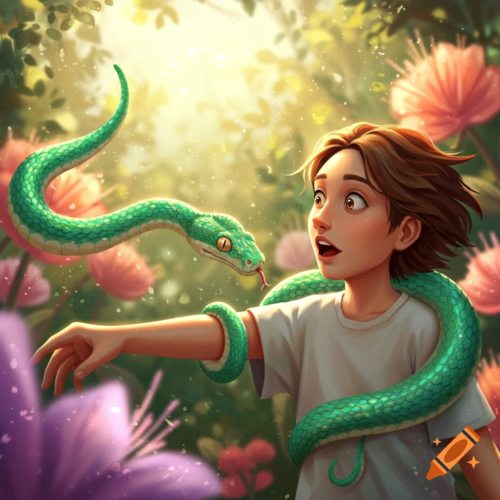 A surprised child with a green snake wrapped around their arm and neck in a lush, sunny garden, stylized illustration.
